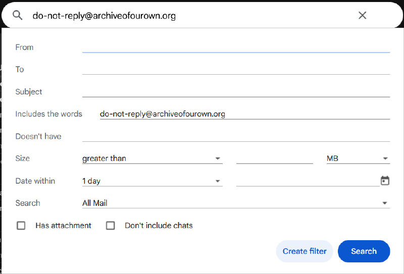 Gmail search to create a filter